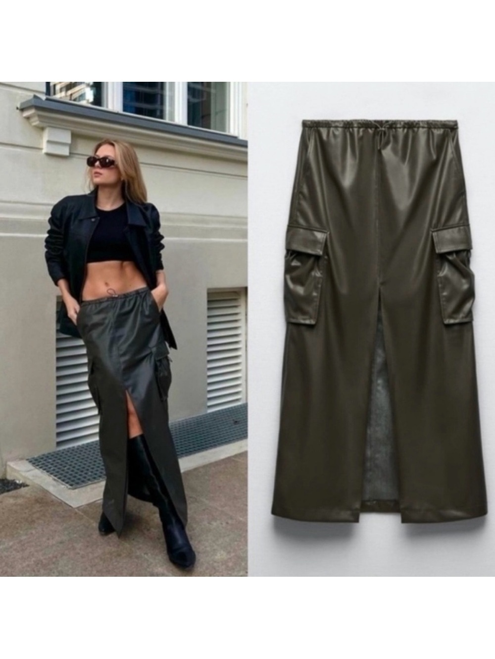 XXL NWOT Zara faux leather Olive Green Women's Cargo maxi slit skirt